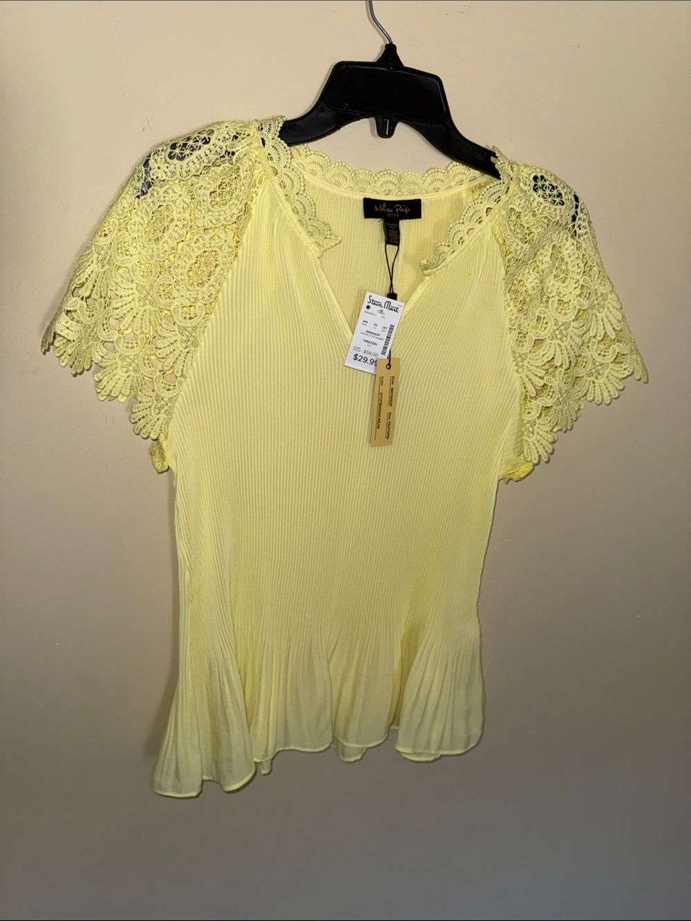 Melissa Paige Pale Yellow Ribbed Peplum Top with Lace Sleeves